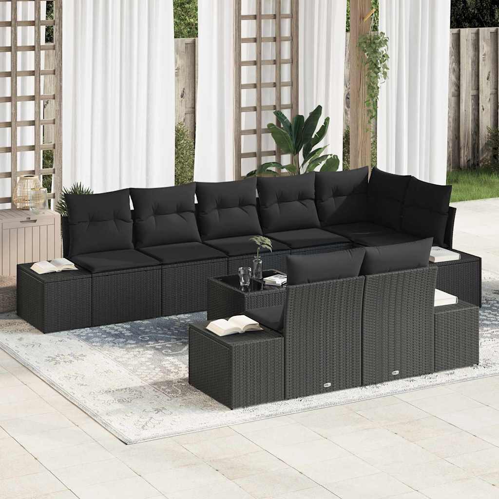 Conjunto de Sofá de Jardim com almofada 9 pcs Preto vime PE