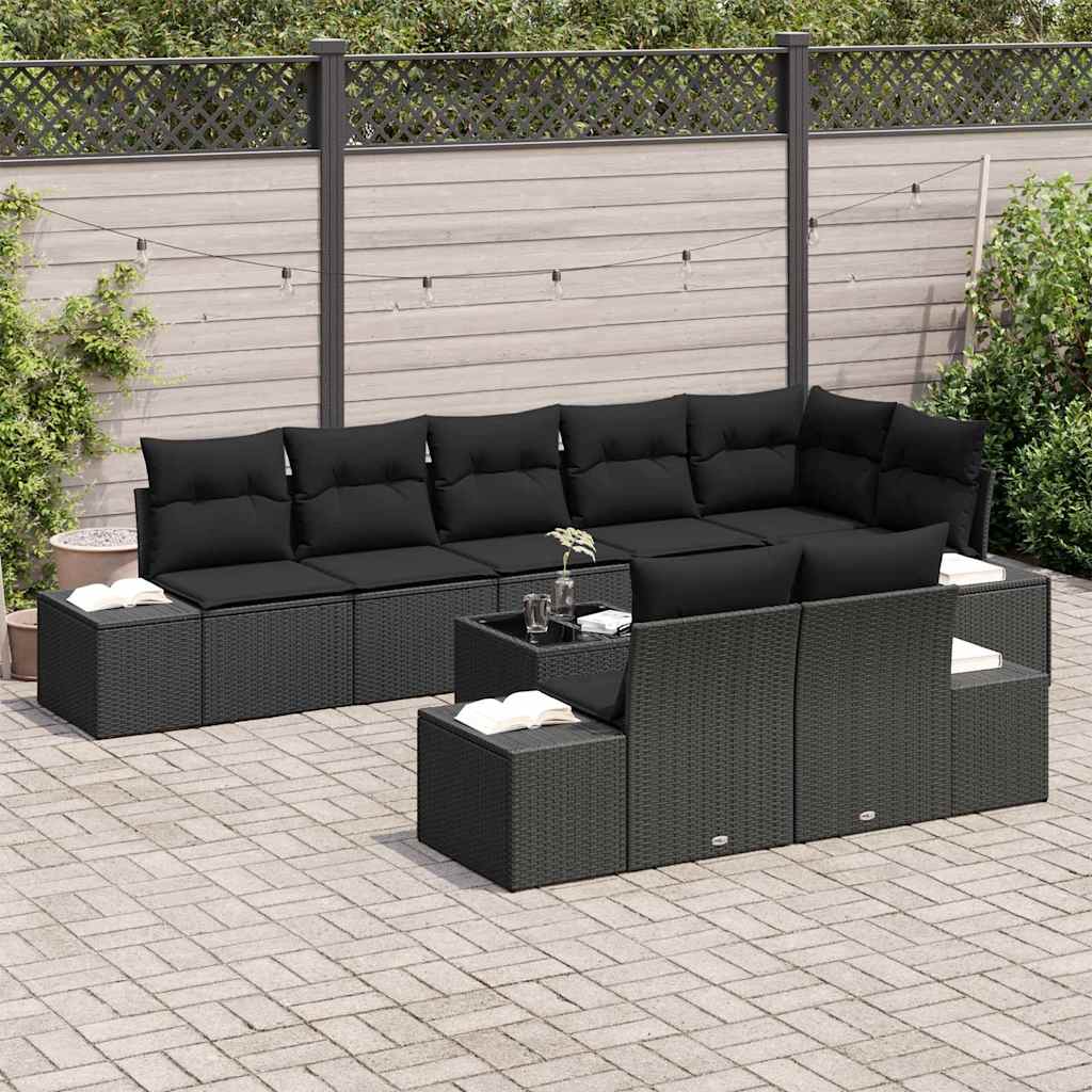 Conjunto de Sofá de Jardim com almofada 9 pcs Preto vime PE