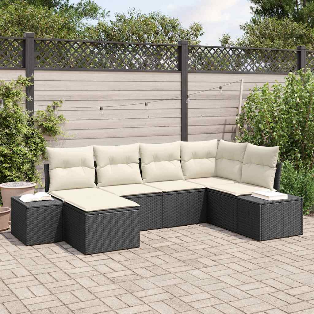 Conjunto de Sofá de Jardim 6 pcs Preto e Creme vime PE