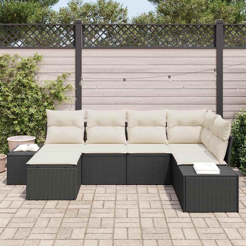 Conjunto de Sofá de Jardim 6 pcs Preto e Creme vime PE