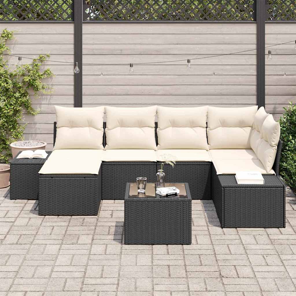 Conjunto de Sofá de Jardim 7 pcs Preto e creme Rattan Sintético