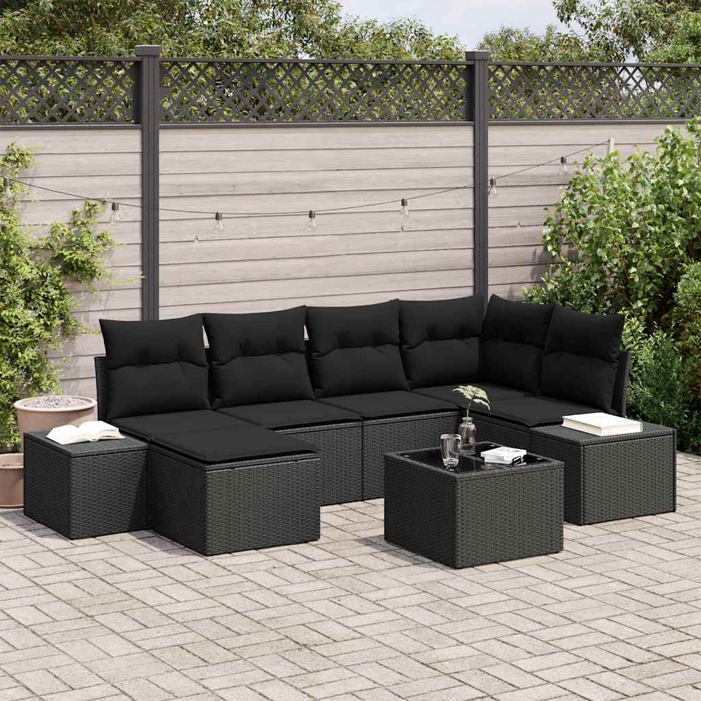 Conjunto de Sofá de Jardim com almofada 7 pcs Preto vime PE