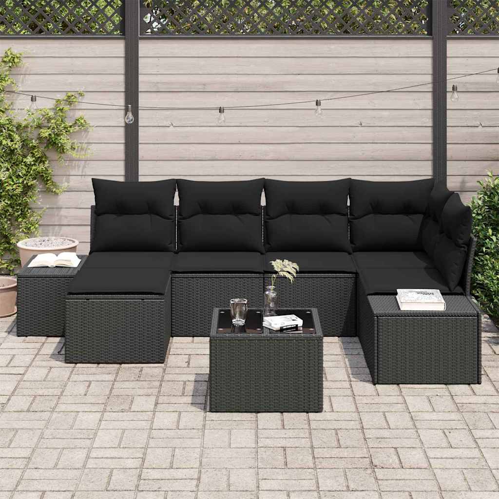 Conjunto de Sofá de Jardim com almofada 7 pcs Preto vime PE