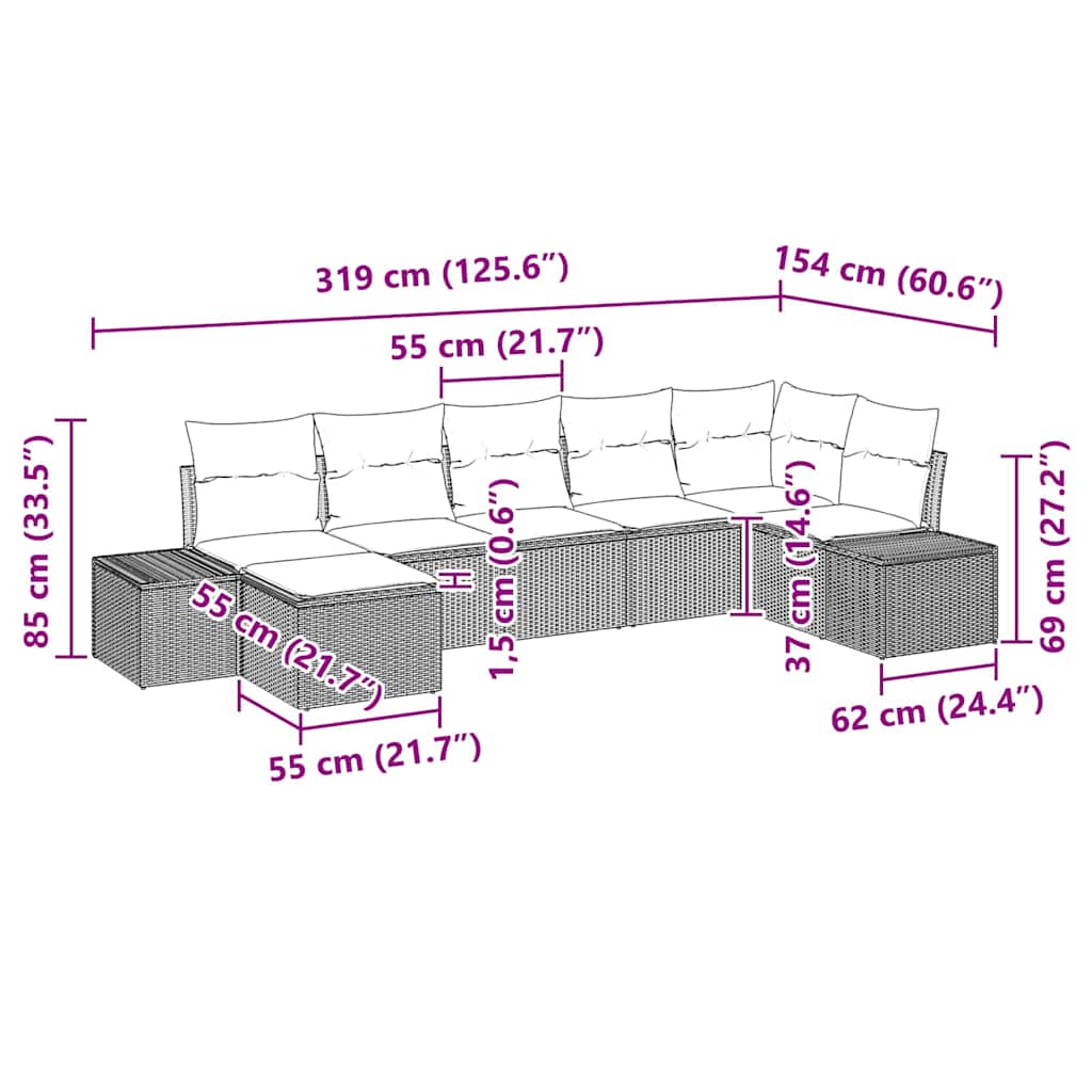 Conjunto de Sofá de Jardim com almofada 7 pcs Preto vime PE