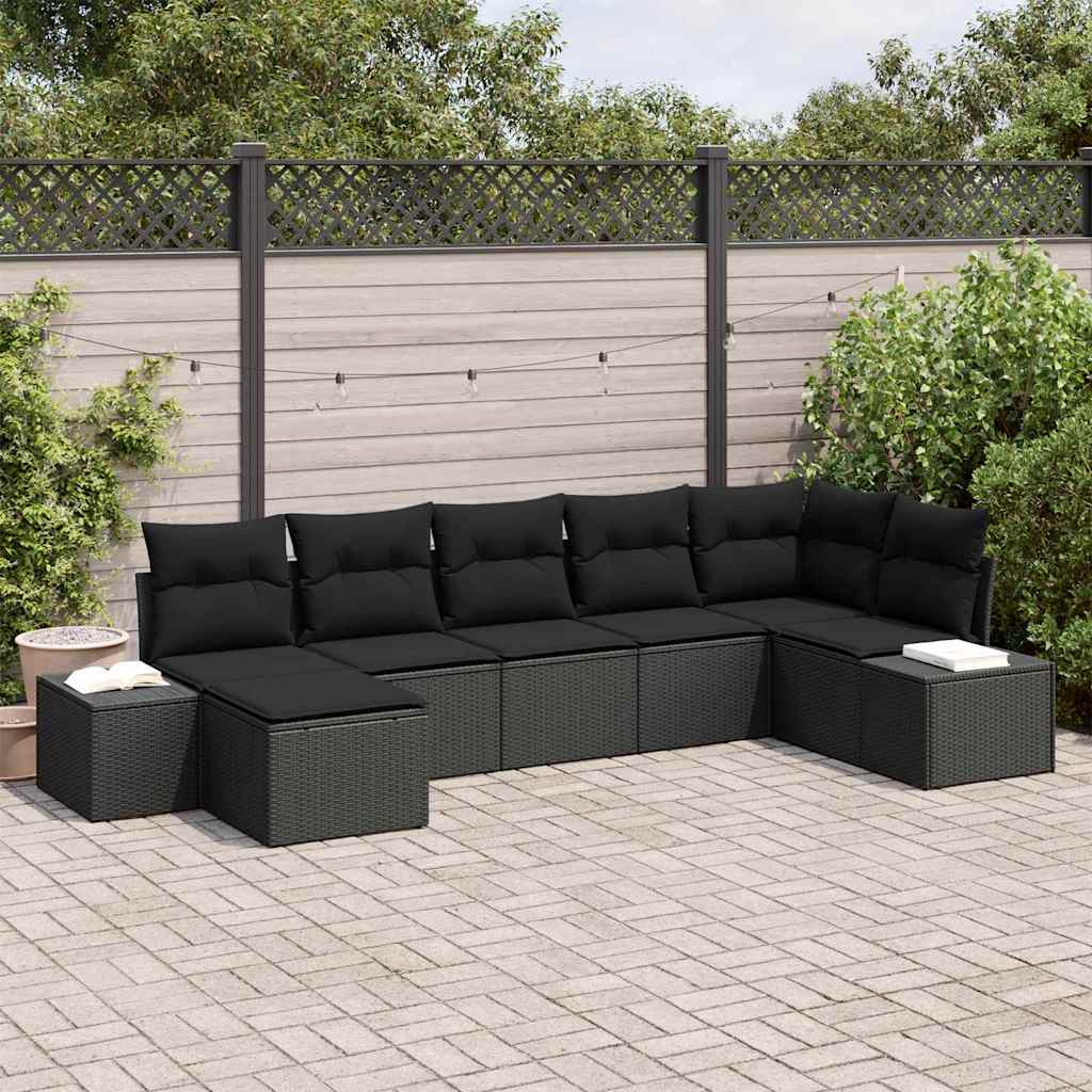 Conjunto de Sofá de Jardim com almofada 7 pcs Preto vime PE