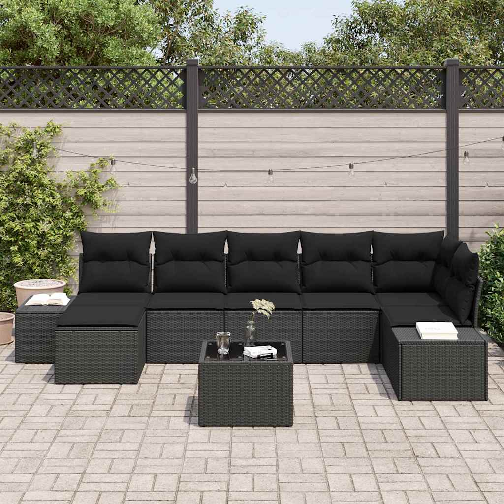 Conjunto de Sofá de Jardim com almofada 8 pcs Preto vime PE