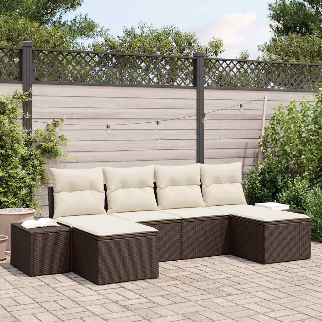 Conjunto de Sofá de Jardim com almofada 6 pcs Castanho vime PE