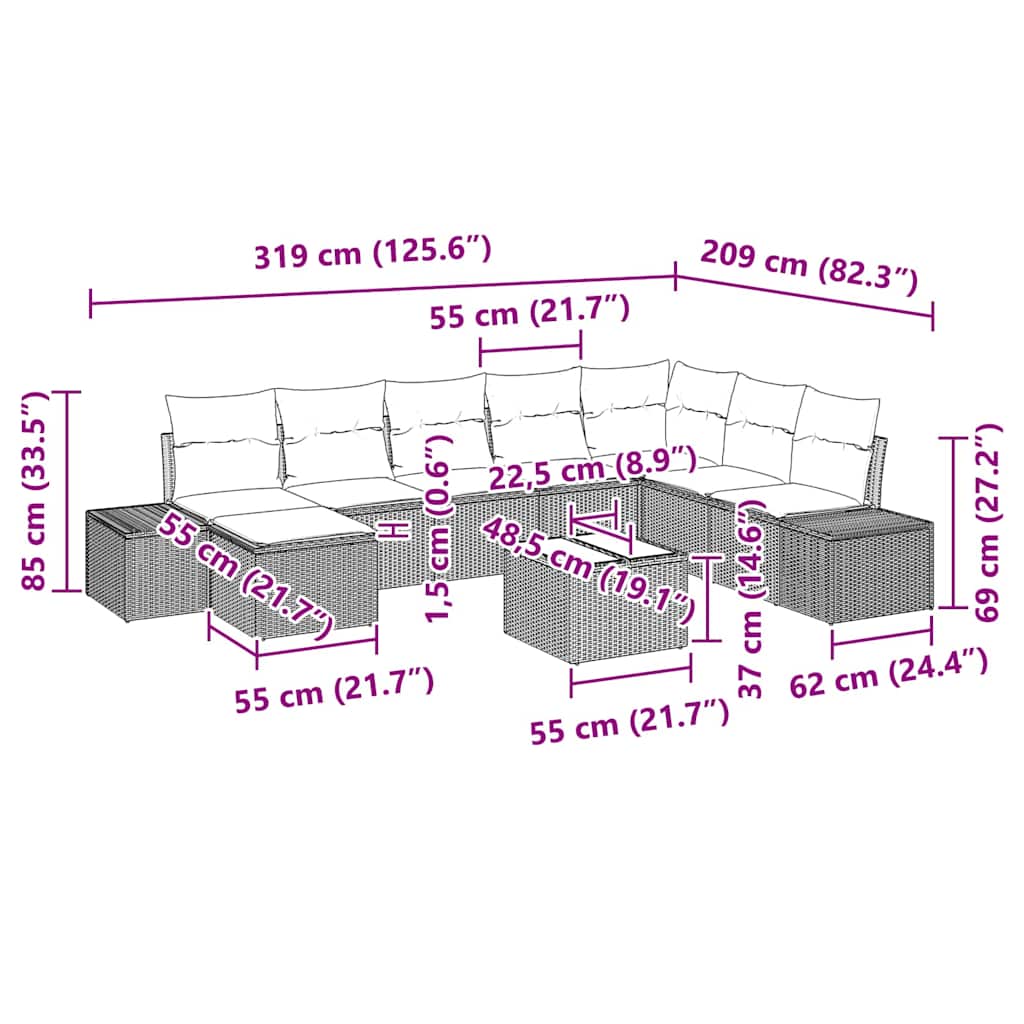 Conjunto de Sofá de Jardim com almofada 9 pcs Bege vime PE