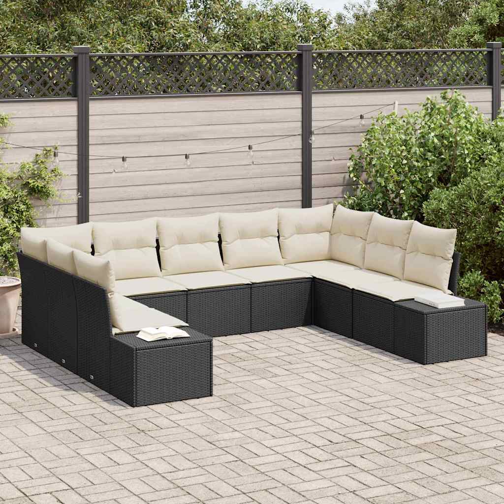 Conjunto de Sofá de Jardim com almofada 9 pcs Preto vime PE