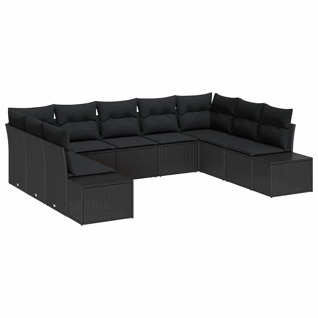 Conjunto de Sofá de Jardim com almofada 9 pcs Preto vime PE