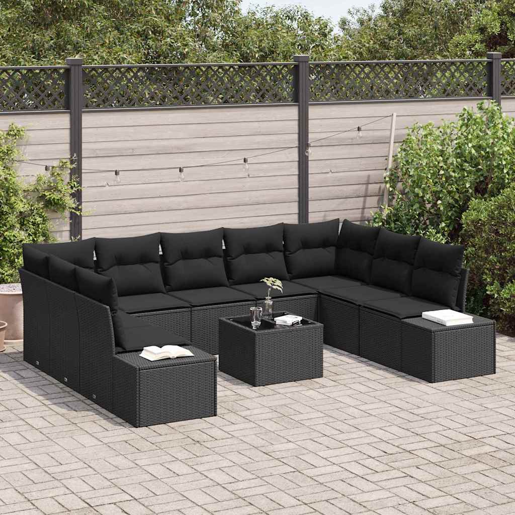 Conjunto de Sofá de Jardim com almofada 10 pcs Preto vime PE