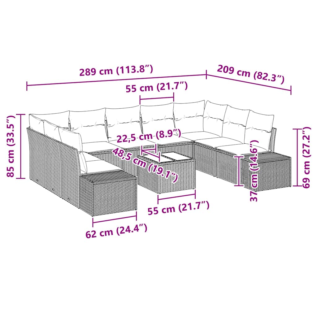 Conjunto de Sofá de Jardim com almofada 10 pcs Preto vime PE