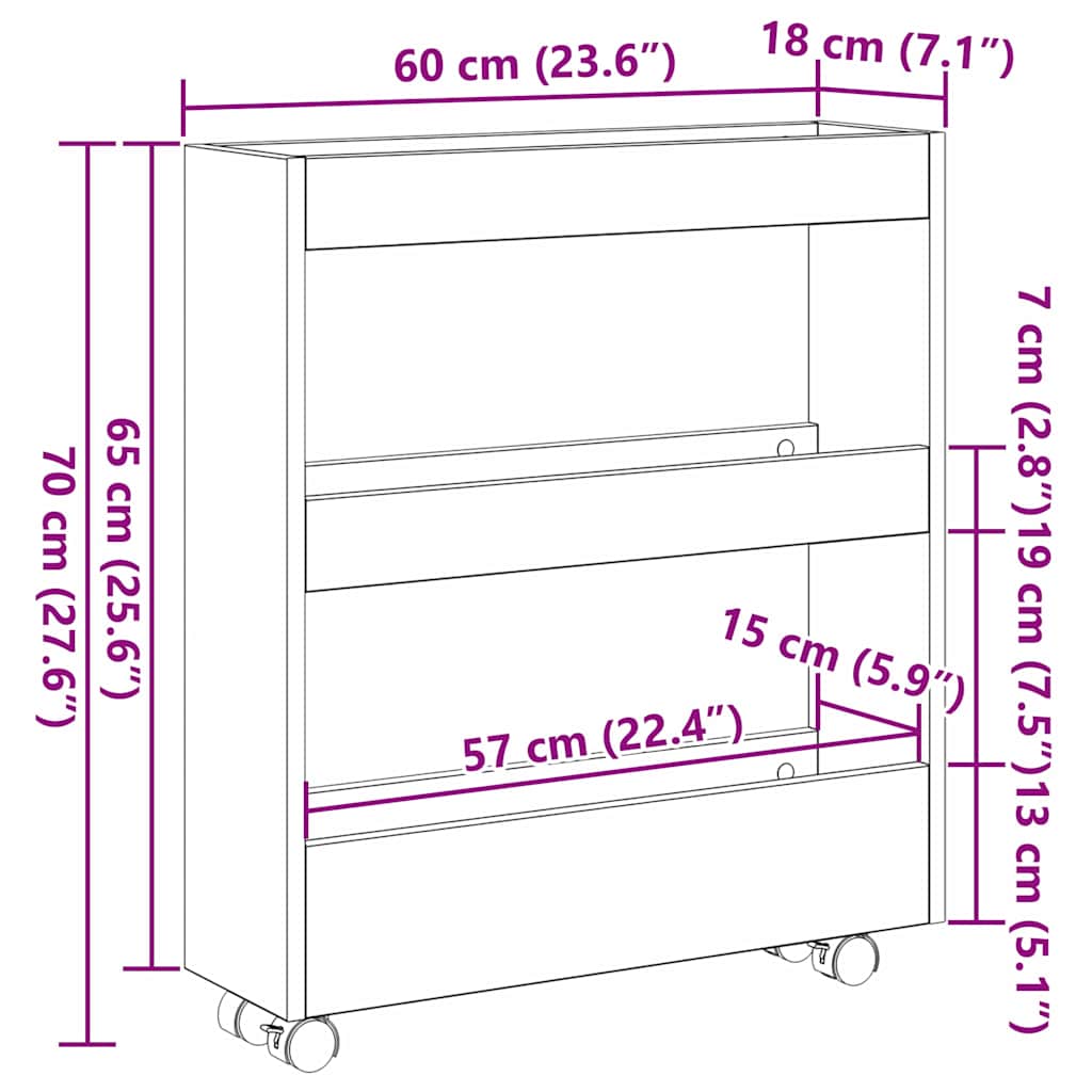 Carrinho de Armazenamento Estreito Carvalho Preto