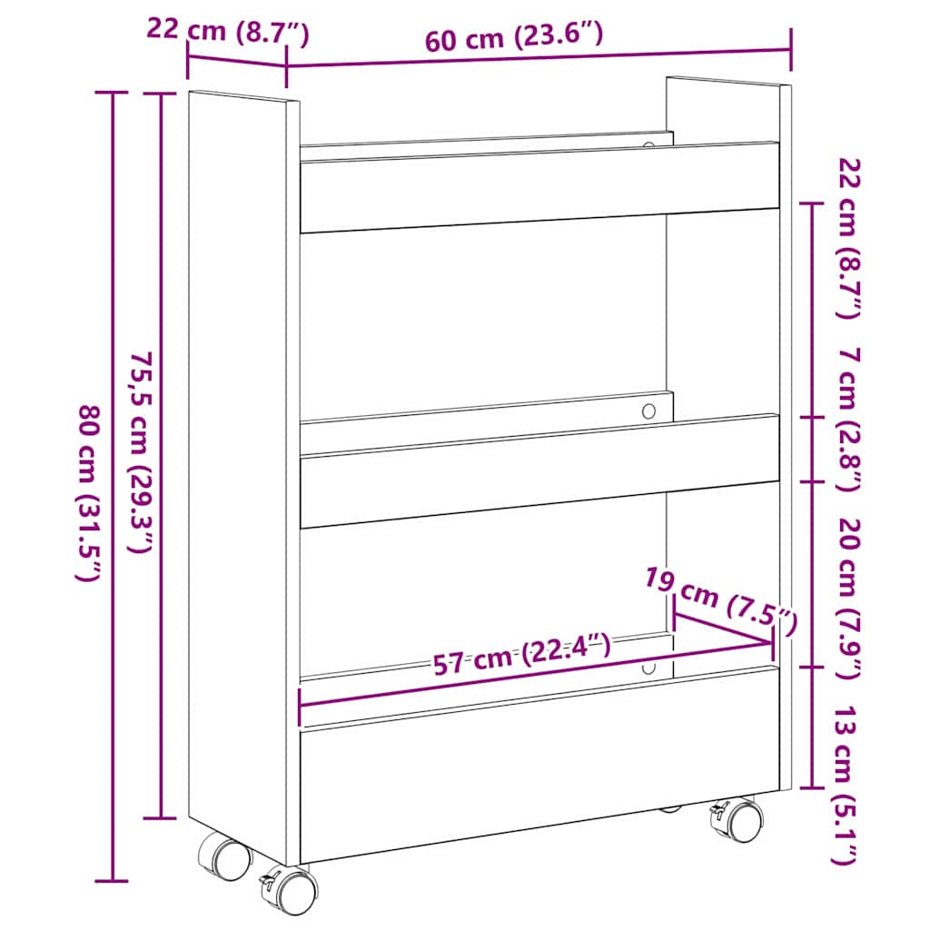 Carrinho de Armazenamento Estreito Carvalho Preto