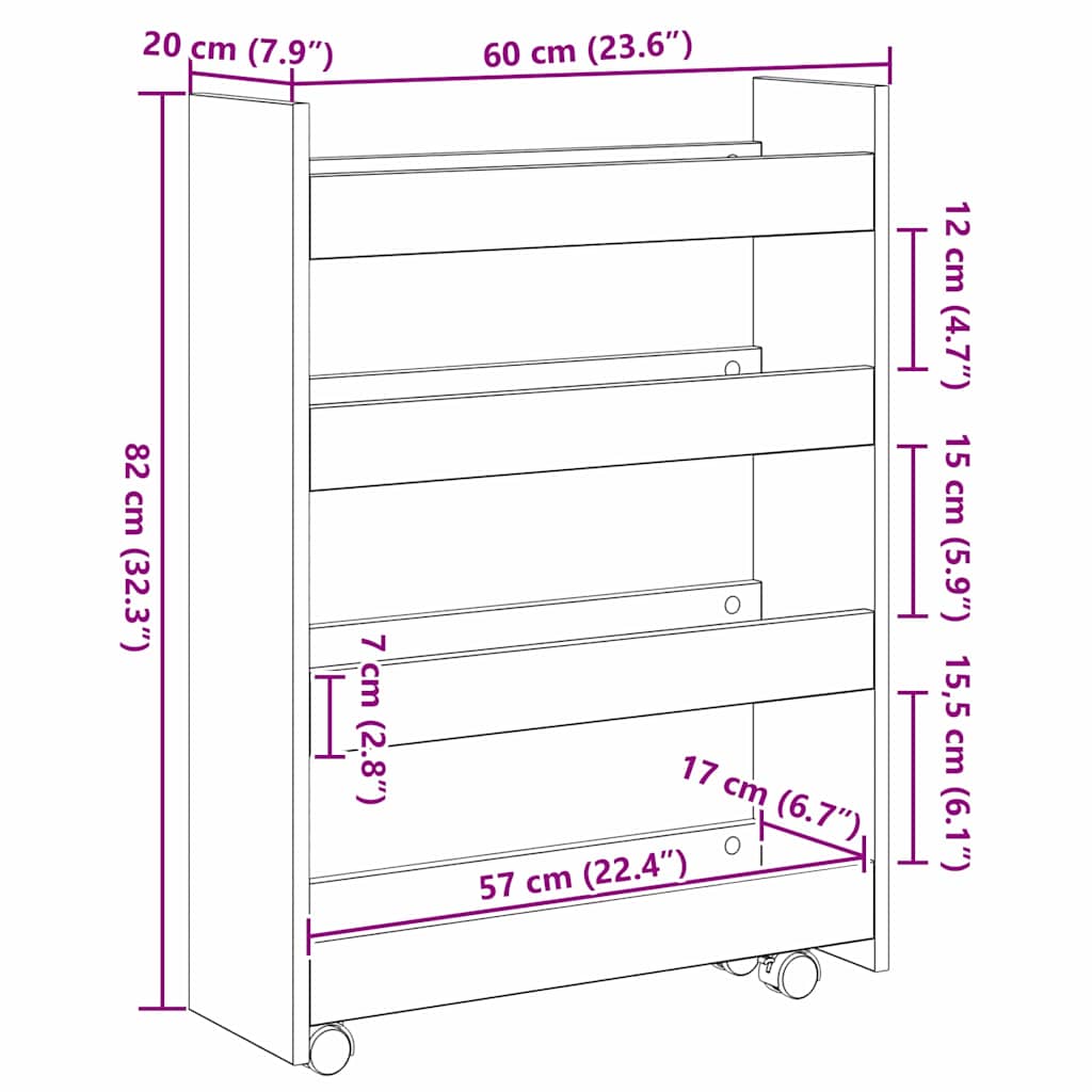 Carrinho de Armazenamento Estreito Carvalho Preto