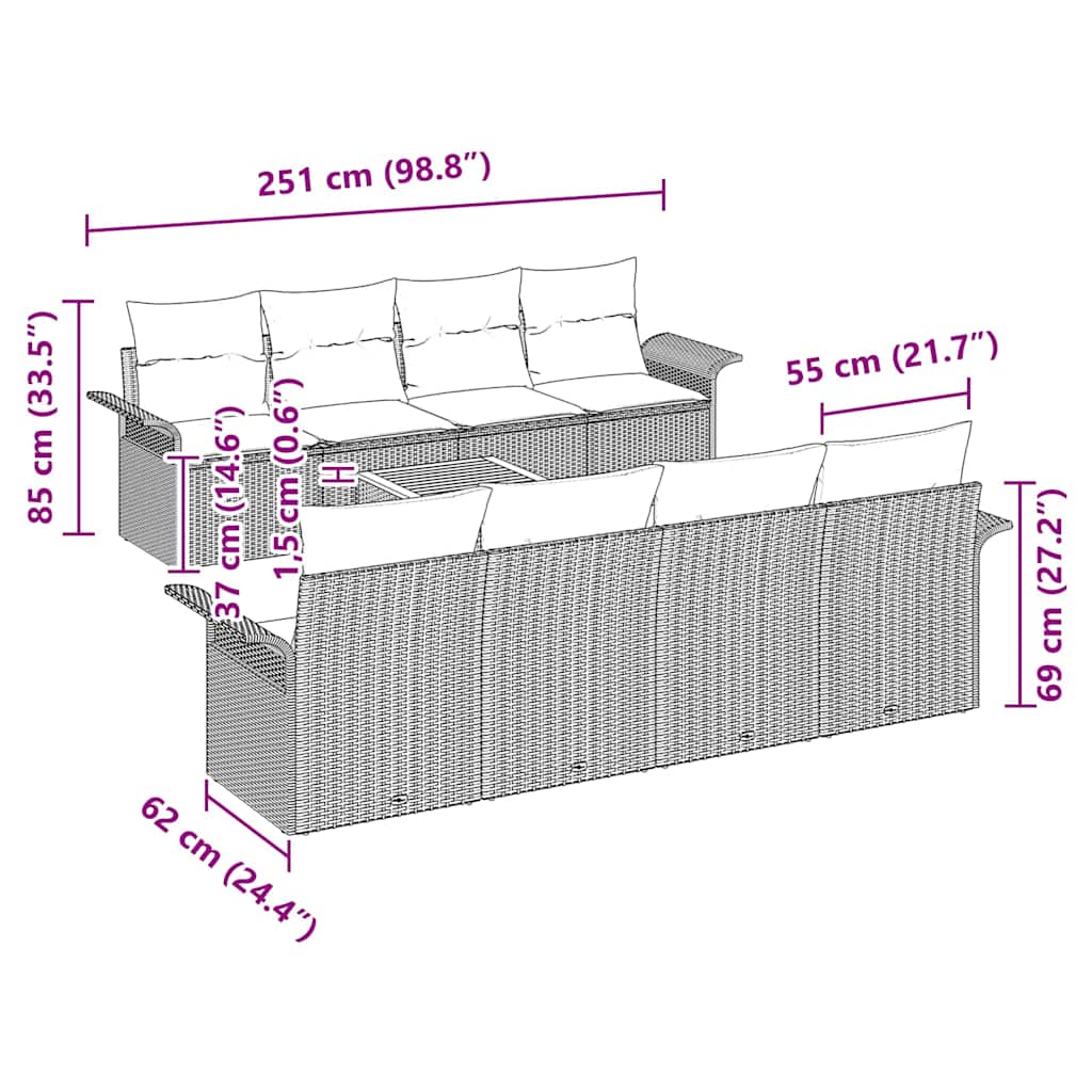 Conjunto de Sofá de Jardim 9 pcs Cinzeto Rattan Sintético