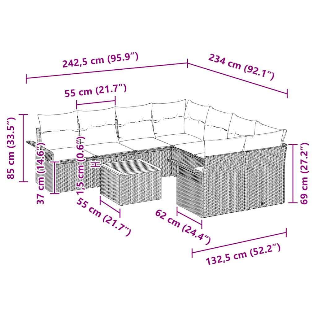 Conjunto de Sofá de Jardim 9 pcs Cinzeto Rattan Sintético