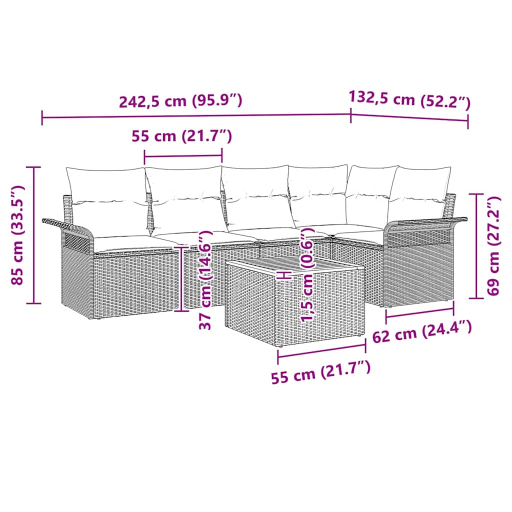 Conjunto de Sofá de Jardim 6 pcs Cinzeto Rattan Sintético