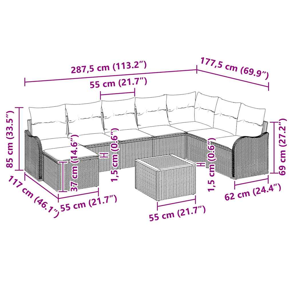 Conjunto de Sofá de Jardim 9 pcs Bege Rattan Sintético