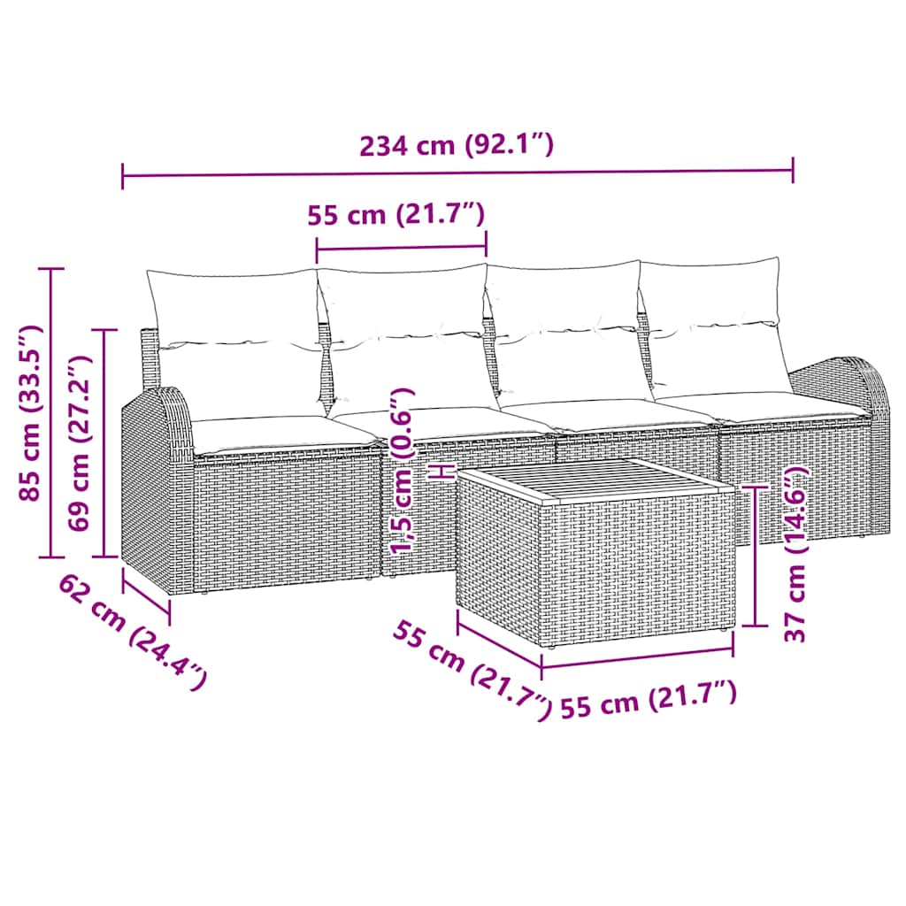 Conjunto de Sofá de Jardim 5 pcs Cinzeto Rattan Sintético