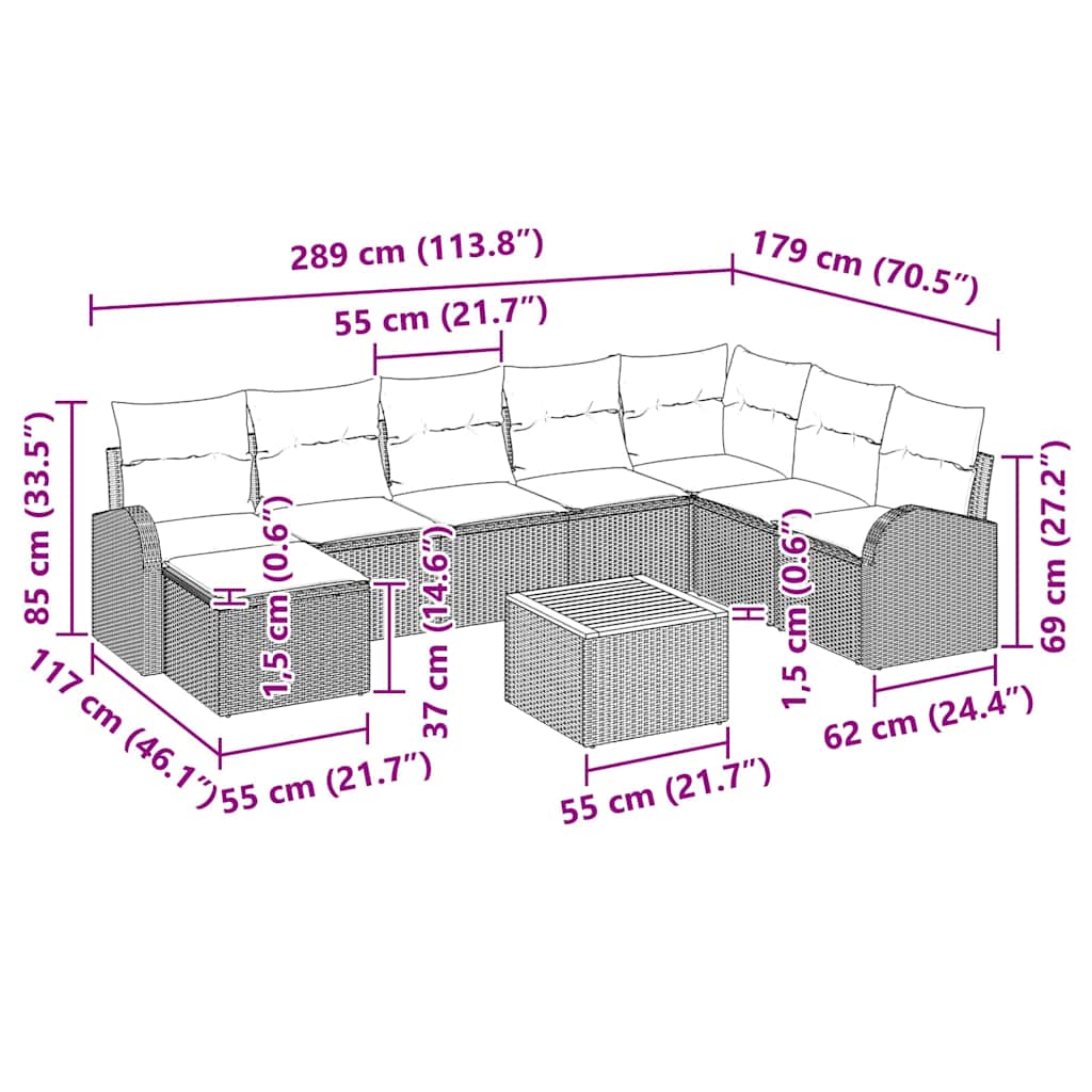 Conjunto de Sofá de Jardim 9 pcs Bege Rattan Sintético