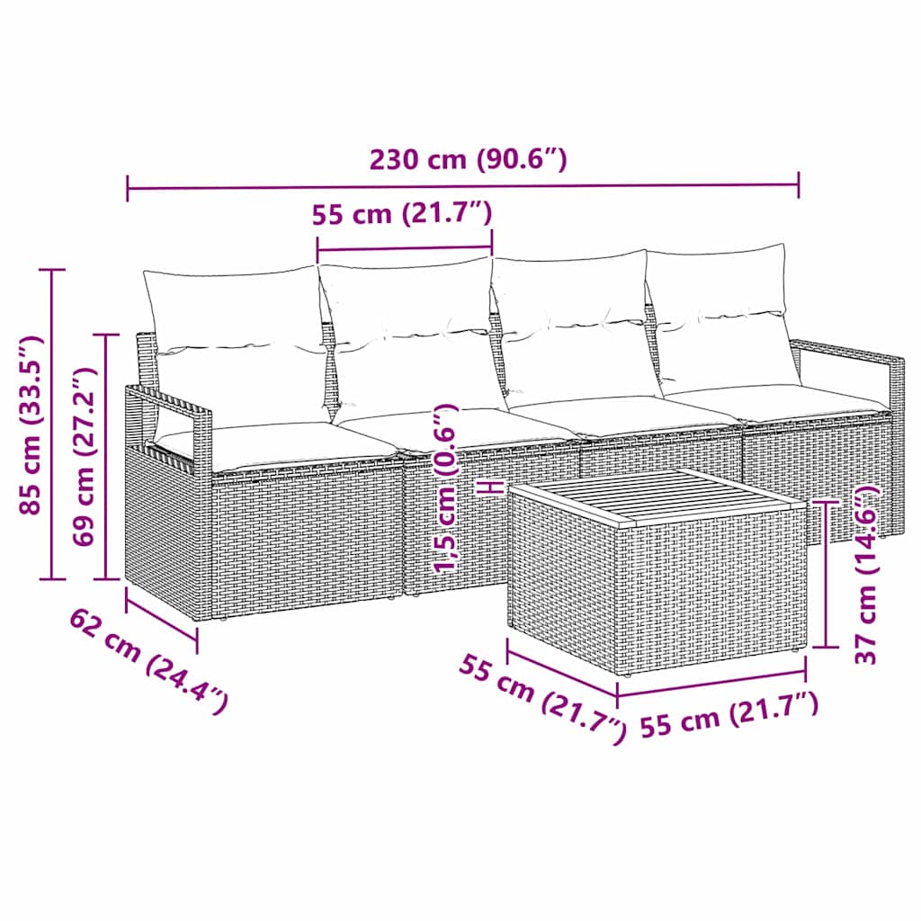 Conjunto de Sofá de Jardim 5 pcs Bege Rattan Sintético