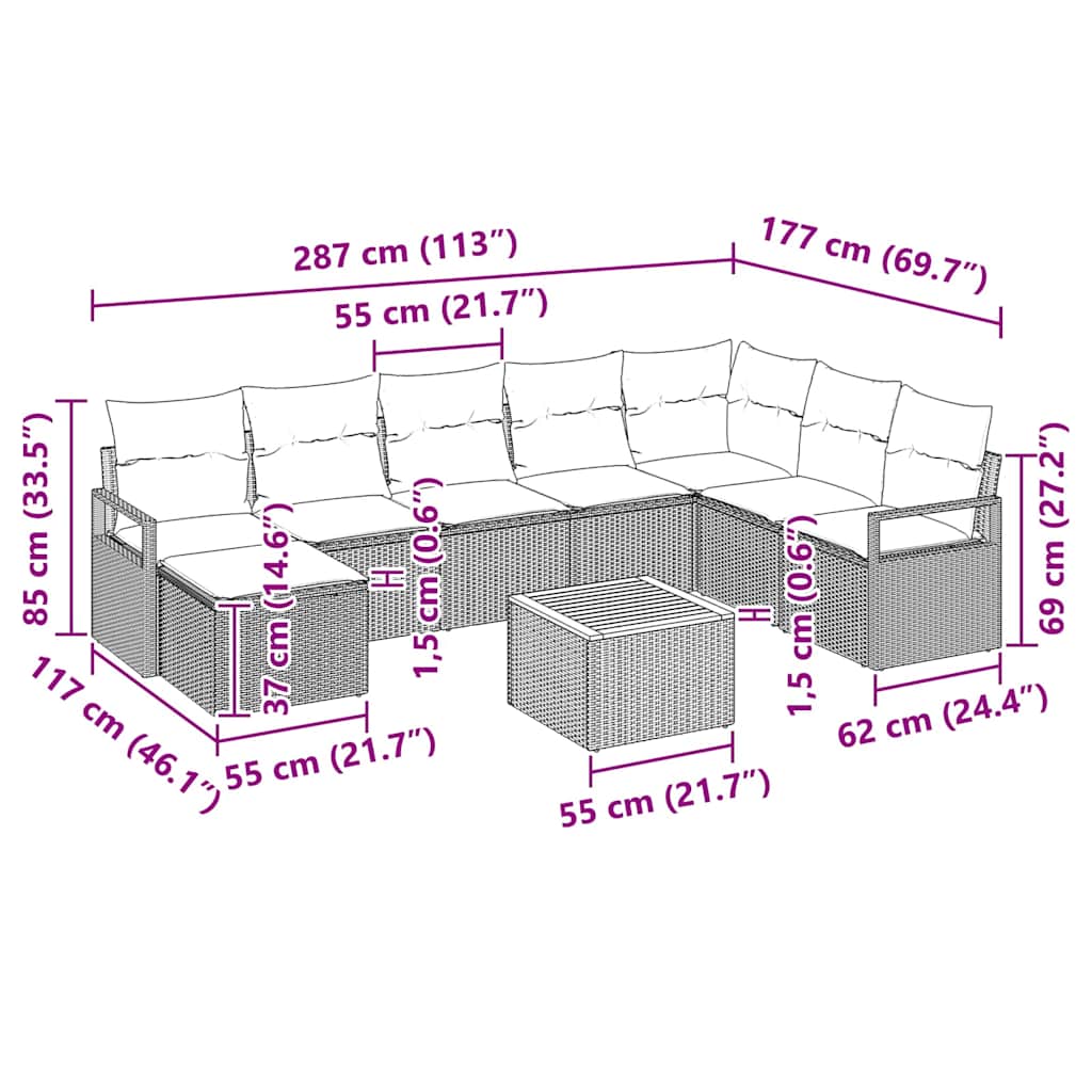 Conjunto de Sofá de Jardim 9 pcs Preto Rattan Sintético