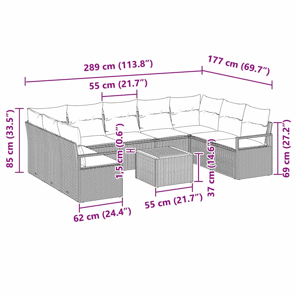 Conjunto de Sofá de Jardim 10 pcs Cinzeto Rattan Sintético