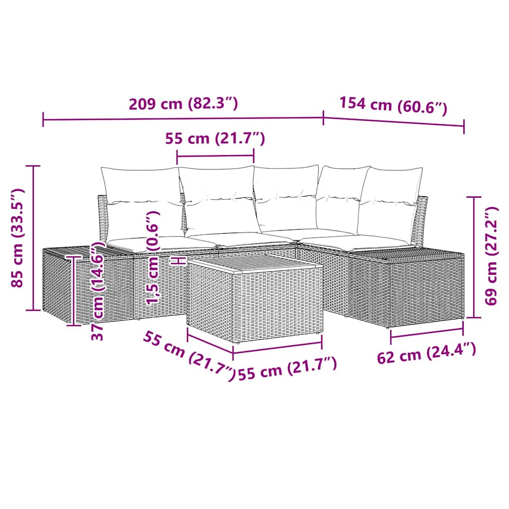 Conjunto de Sofá de Jardim 5 pcs Preto Rattan Sintético