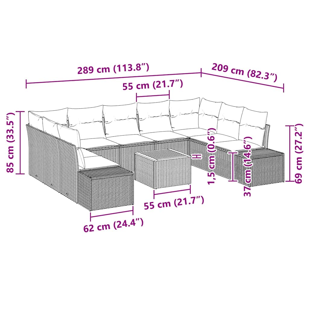 Conjunto de Sofá de Jardim 10 pcs Cinzeto Rattan Sintético