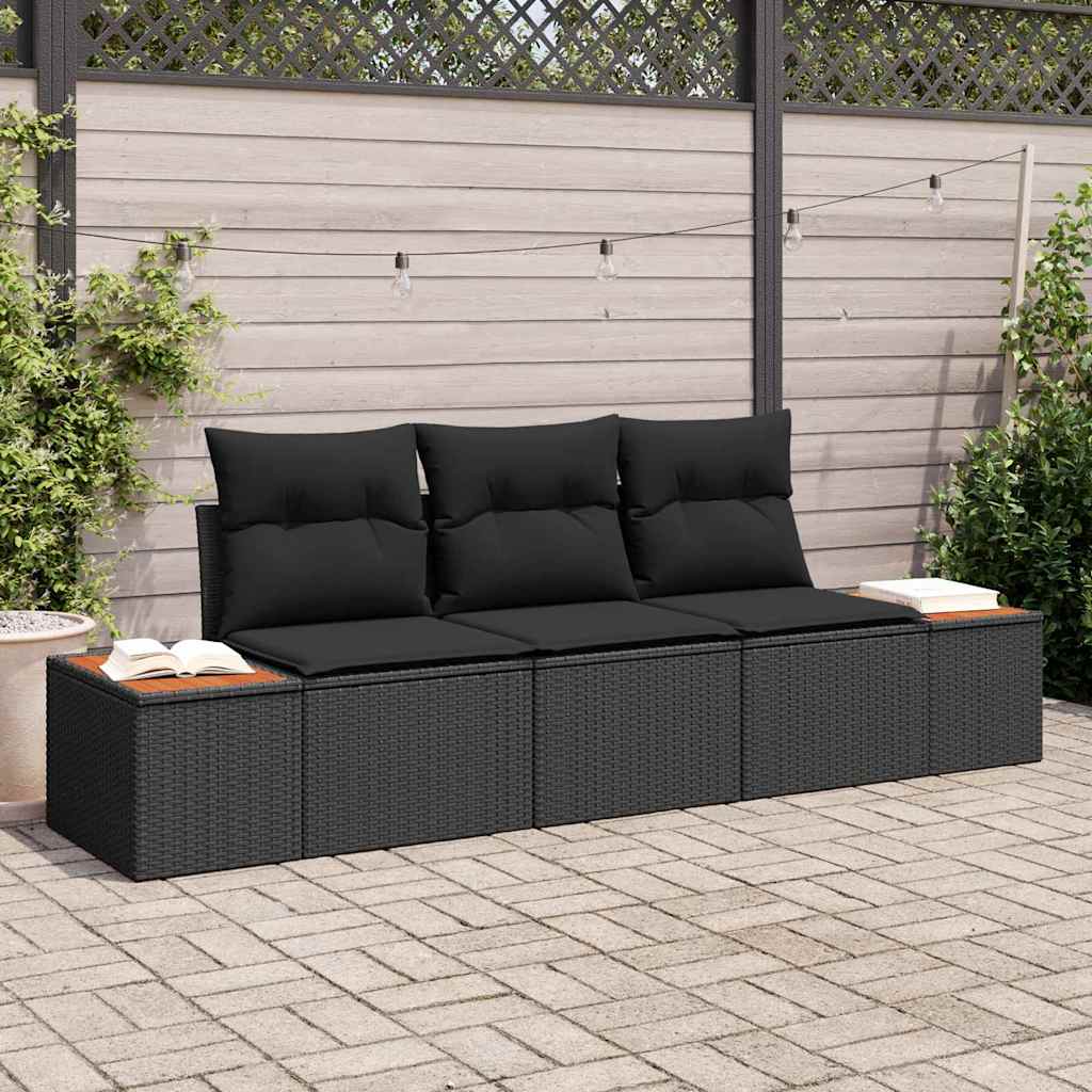 Conjunto de Sofá de Jardim com almofada 3 pcs Preto vime PE