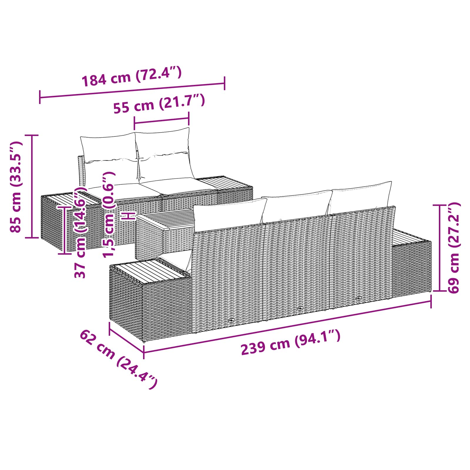 Conjunto de Sofá de Jardim 6 pcs Preto Rattan Sintético