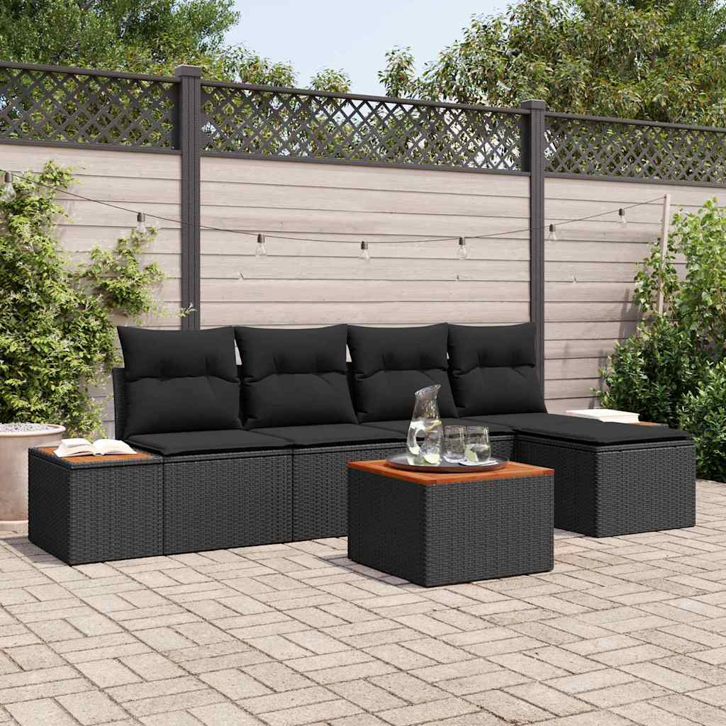 Conjunto de Sofá de Jardim com almofada 6 pcs Preto vime PE