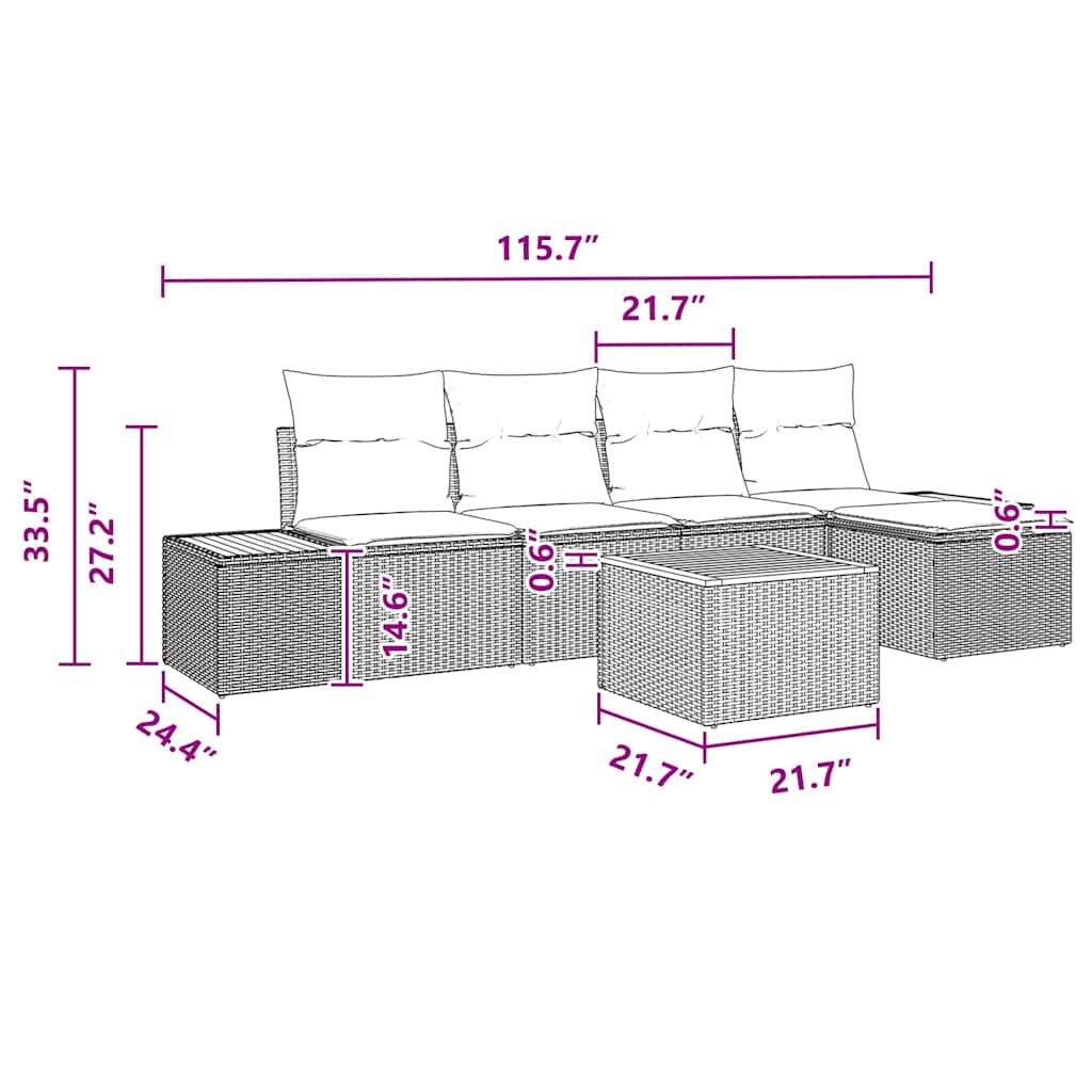 Conjunto de Sofá de Jardim com almofada 6 pcs Preto vime PE