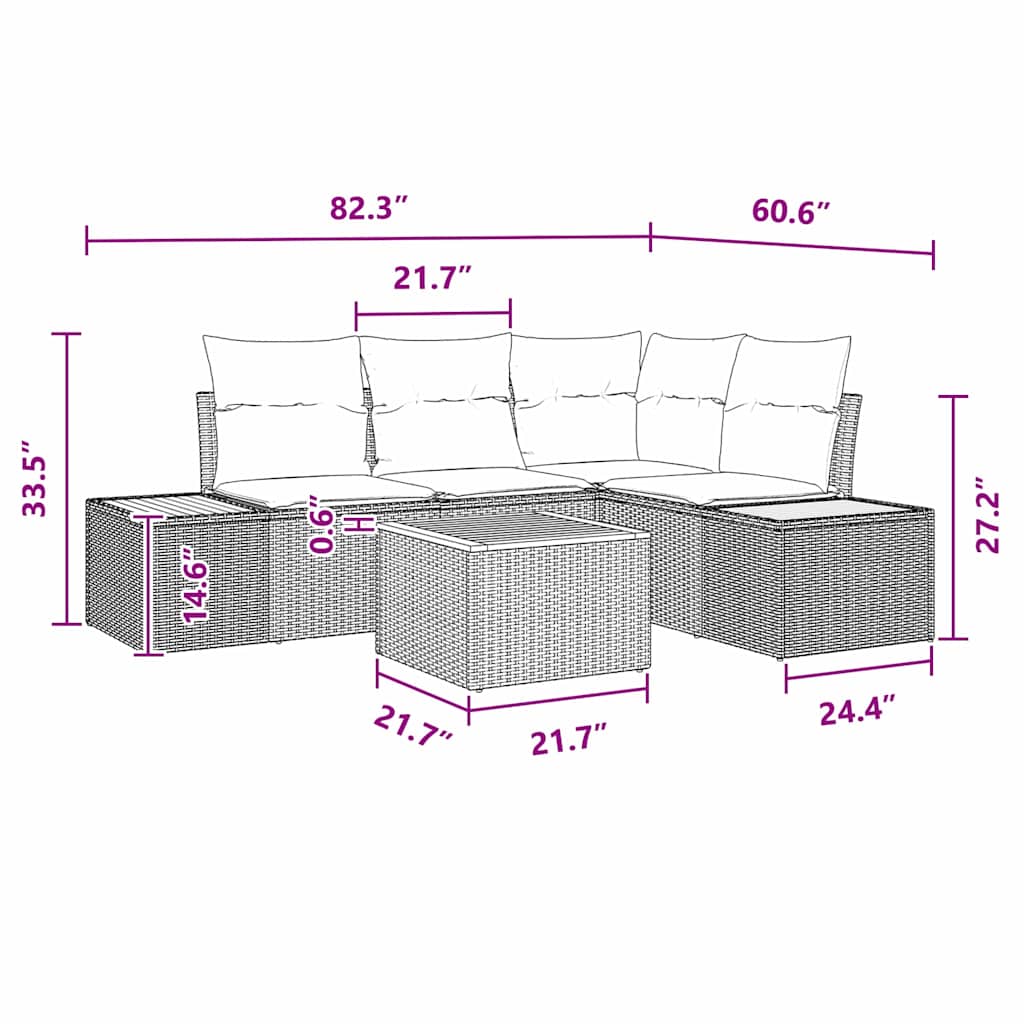 Conjunto de Sofá de Jardim com almofada 5 pcs Preto vime PE