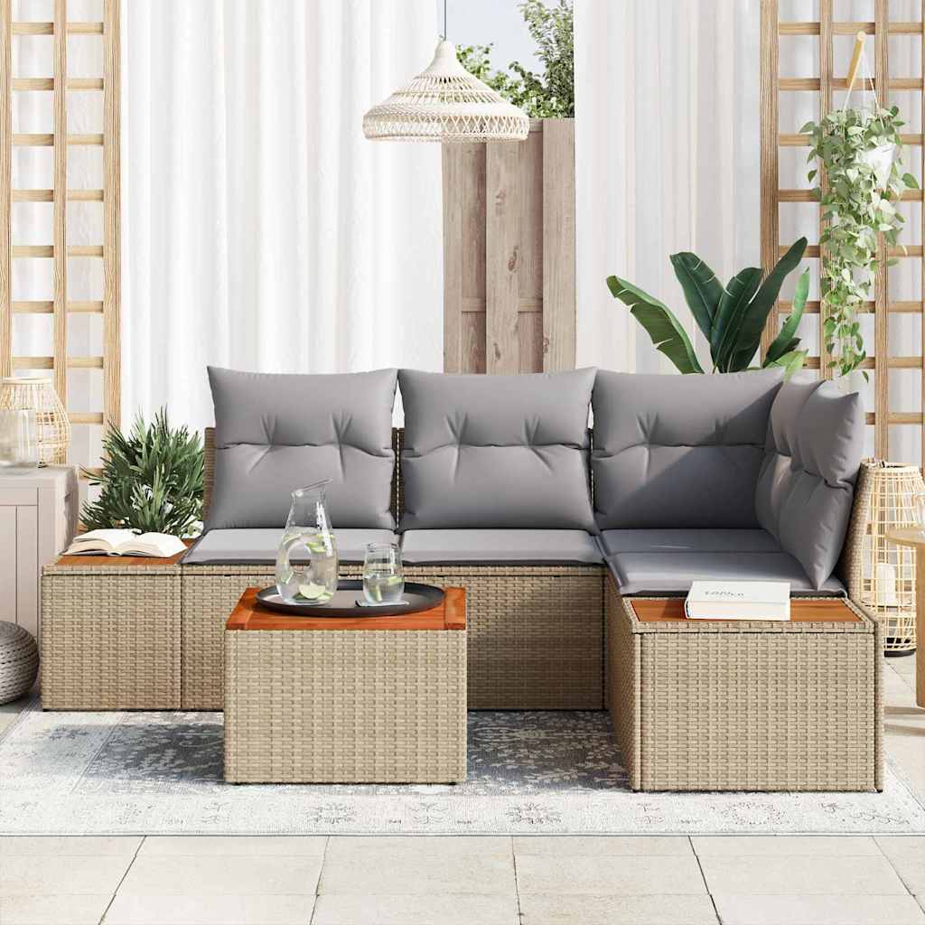 Conjunto de Sofá de Jardim com almofada 5 pcs Bege vime PE