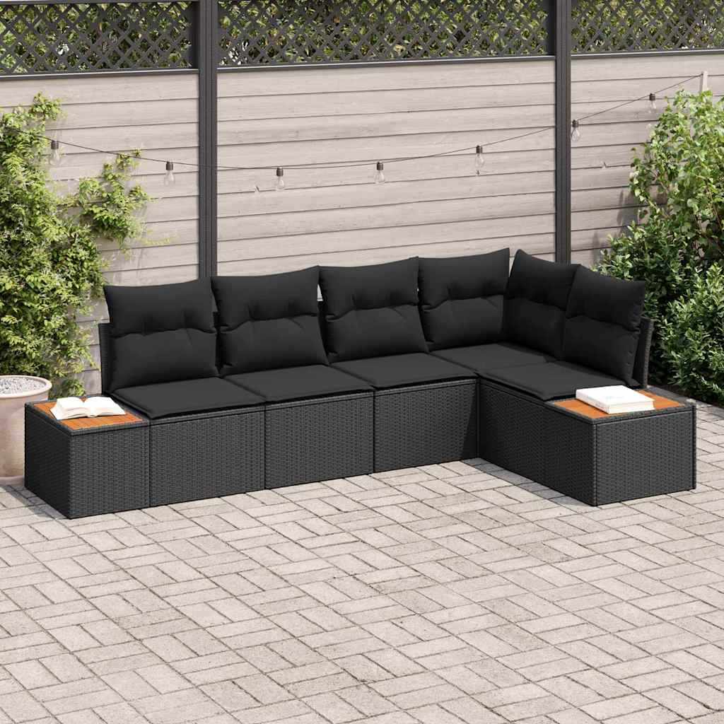 Conjunto de Sofá de Jardim com almofada 5 pcs Preto vime PE
