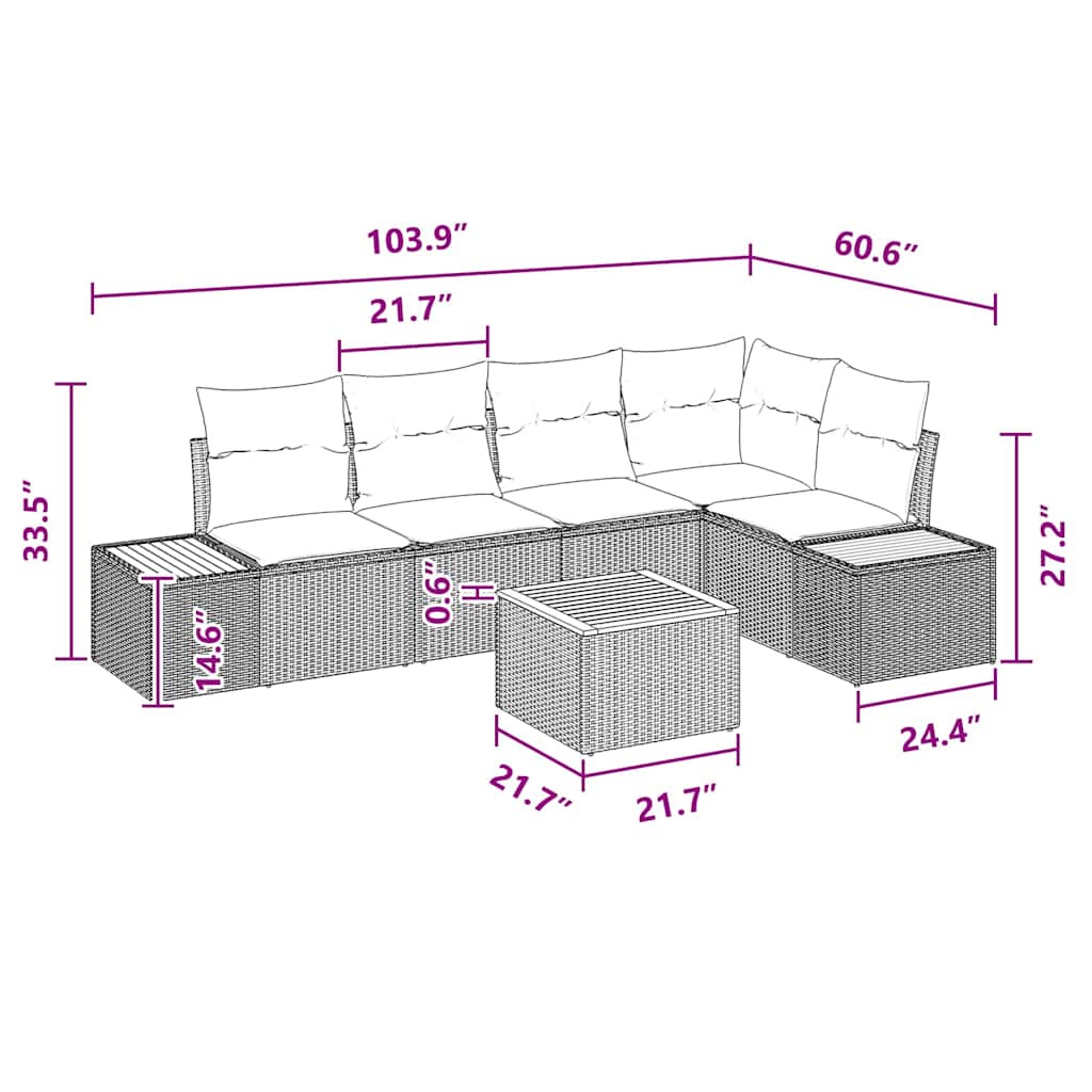 Conjunto de Sofá de Jardim com almofada 6 pcs Preto vime PE
