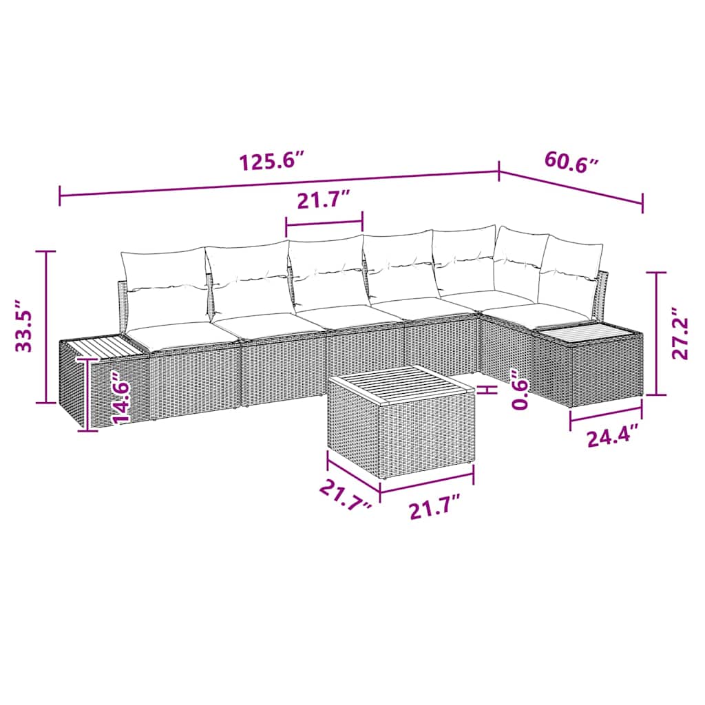 Conjunto de Sofá de Jardim com almofada 7 pcs Preto vime PE