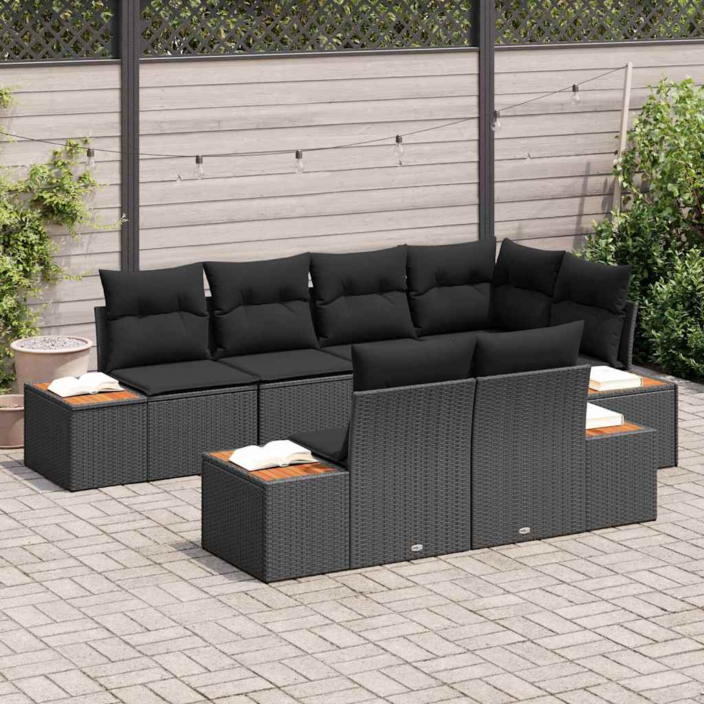Conjunto de Sofá de Jardim com almofada 7 pcs Preto vime PE