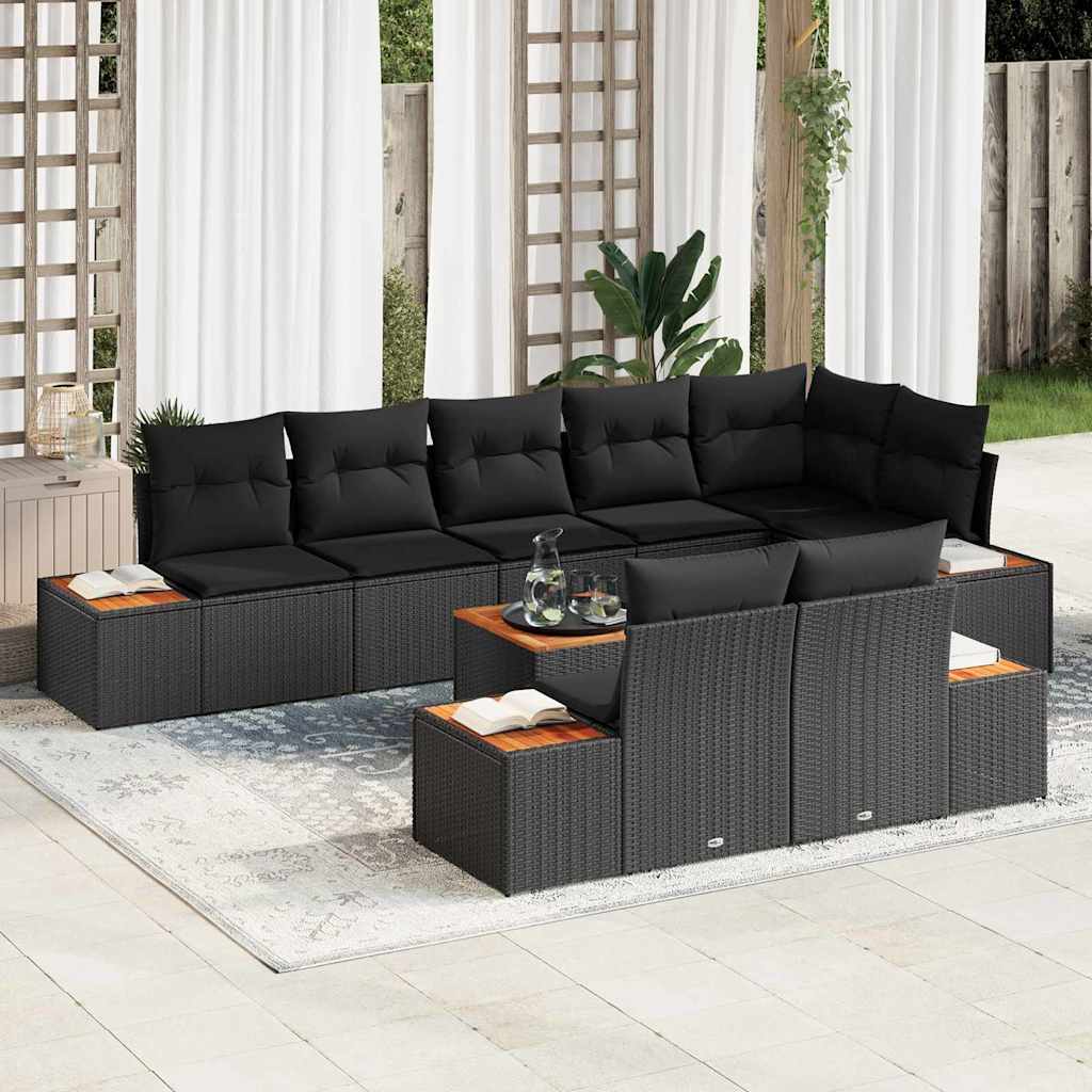 Conjunto de Sofá de Jardim com almofada 9 pcs Preto vime PE