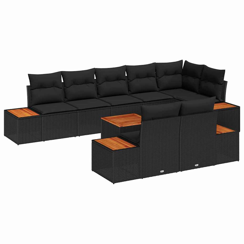 Conjunto de Sofá de Jardim com almofada 9 pcs Preto vime PE