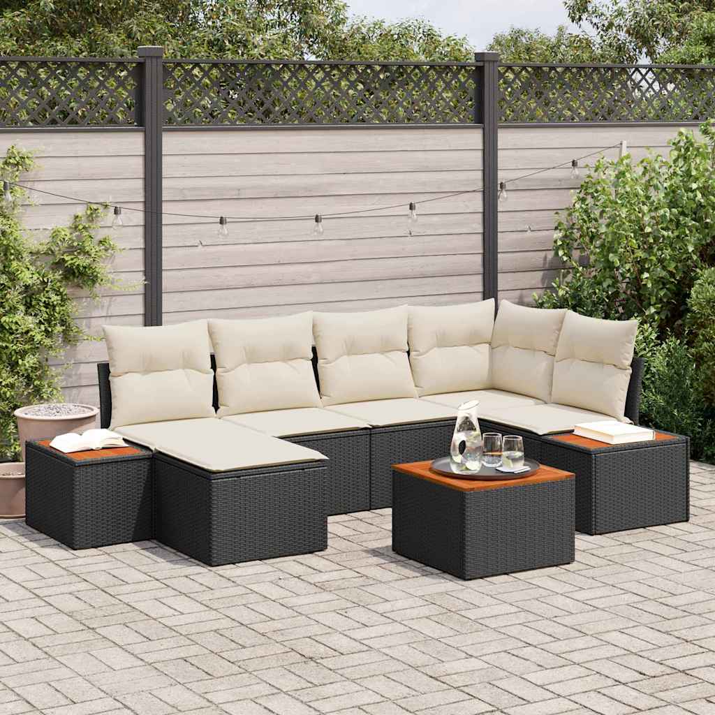 Conjunto de Sofá de Jardim com almofada 7 pcs Preto vime PE