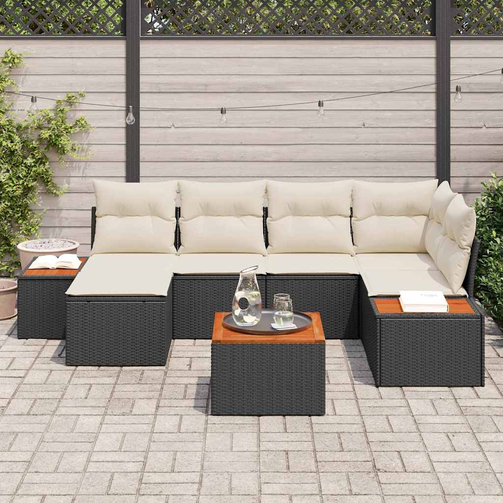Conjunto de Sofá de Jardim com almofada 7 pcs Preto vime PE