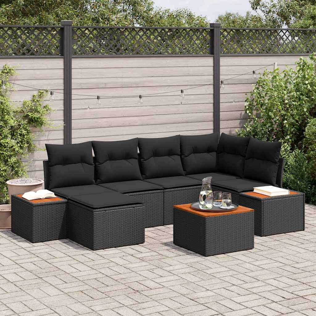 Conjunto de Sofá de Jardim com almofada 7 pcs Preto vime PE