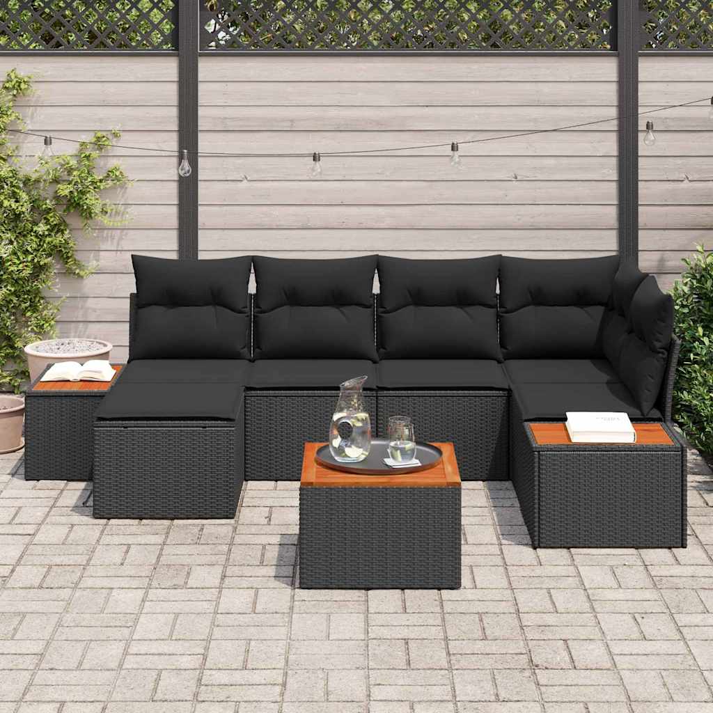 Conjunto de Sofá de Jardim com almofada 7 pcs Preto vime PE