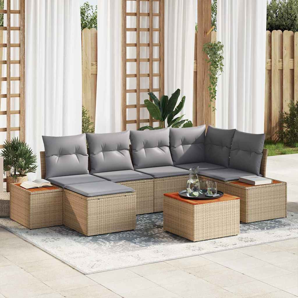 Conjunto de Sofá de Jardim com almofada 7 pcs Bege vime PE
