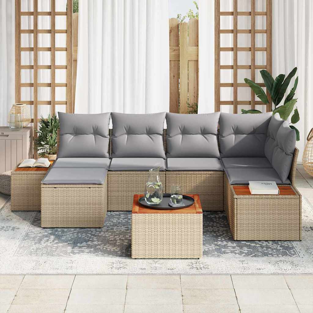 Conjunto de Sofá de Jardim com almofada 7 pcs Bege vime PE