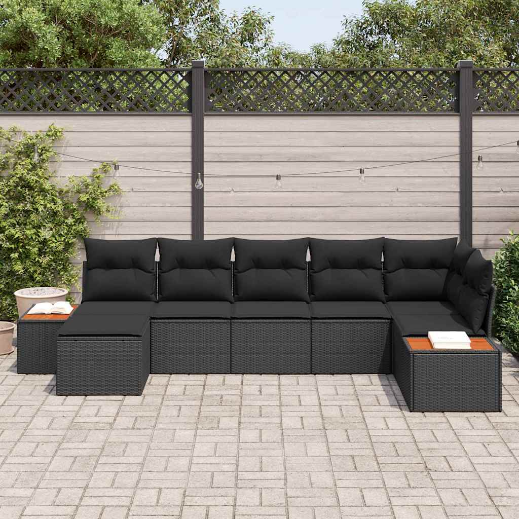 Conjunto de Sofá de Jardim com almofada 7 pcs Preto vime PE