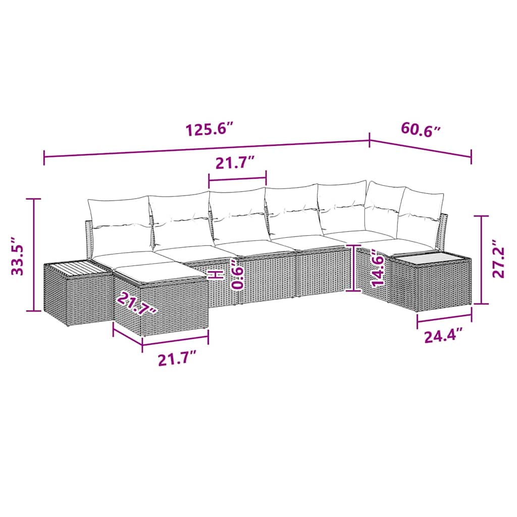 Conjunto de Sofá de Jardim com almofada 7 pcs Preto vime PE